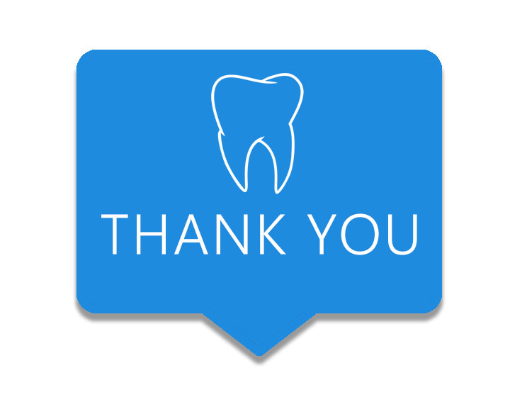 A medium blue rectangle with a white outline of a tooth above the words “thank you”