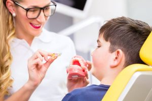 A dentist showing a young boy how braces work on a fake set of teeth