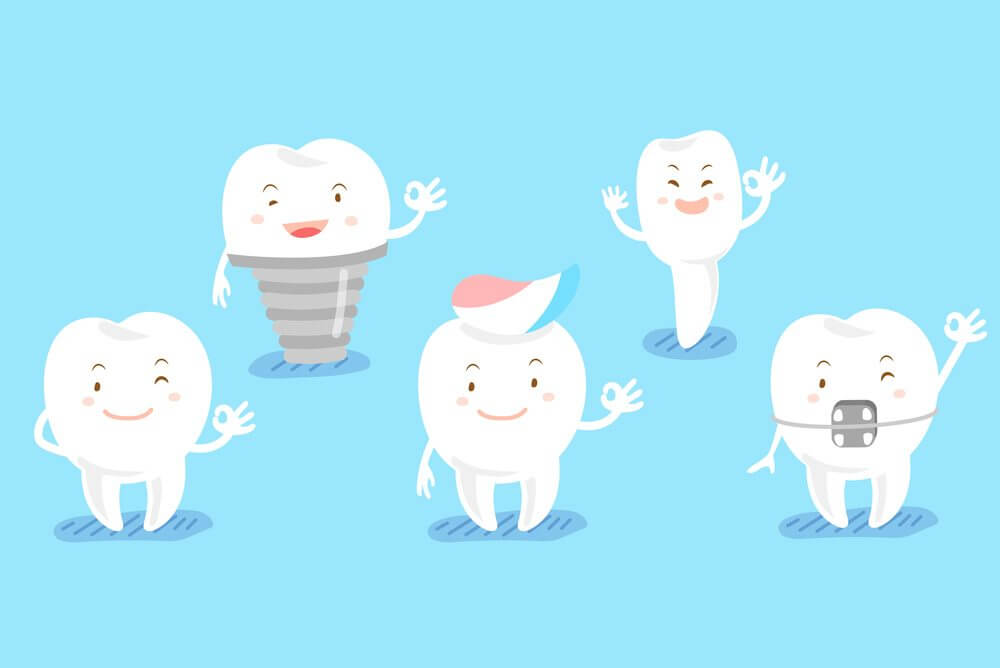 five clip art teeth are smiling and waving with a blue background